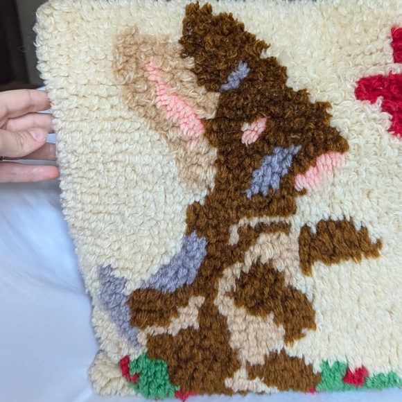 Vintage Latch Hook Woven Bunny Butterfly Kitchy Decor Pillow - Picture 3 of 7